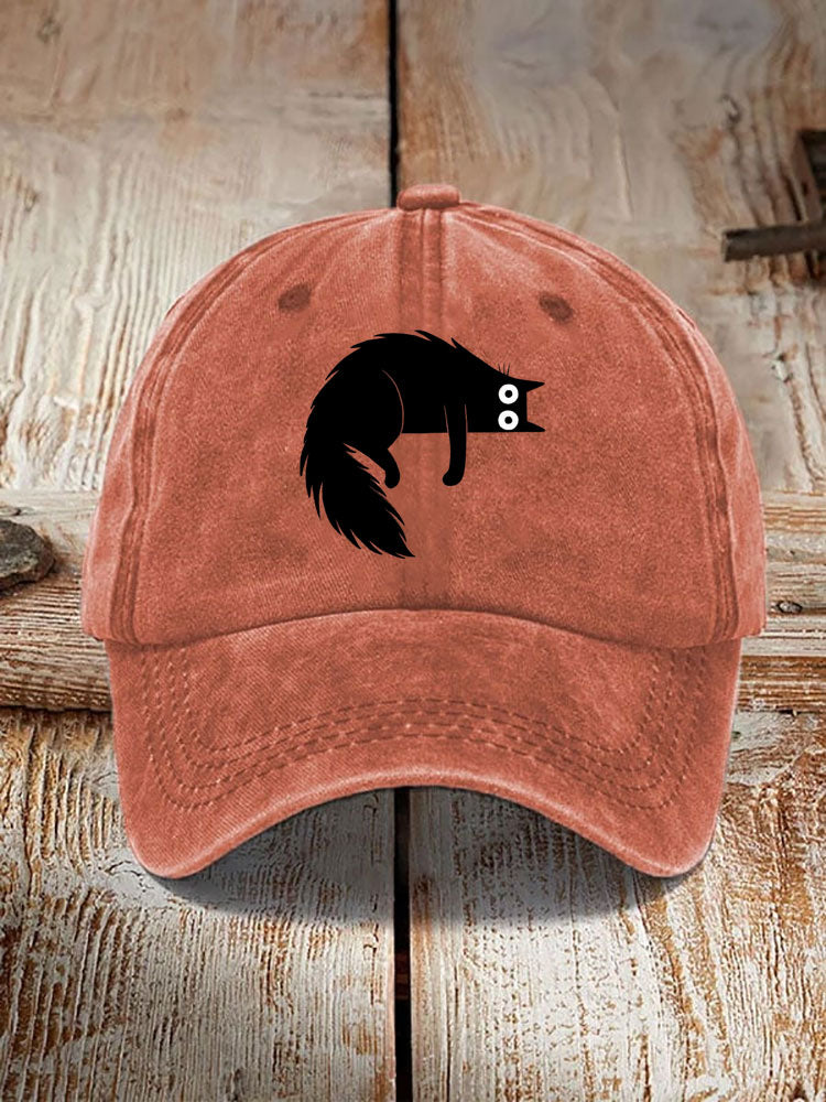 Japanese Art Black Cat Print Washed Hat