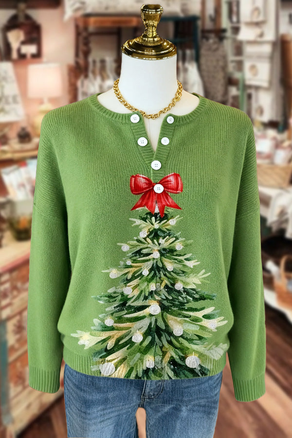 Christmas Tree Pattern Button Detailed Long Sleeve Sweater