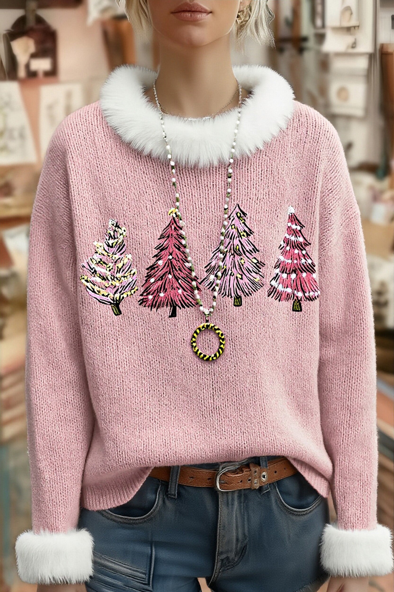 Sweet Christmas Tree Embroidered Long Sleeve Sweater