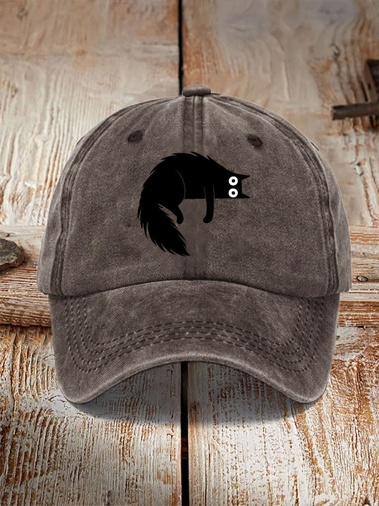 Japanese Art Black Cat Print Washed Hat