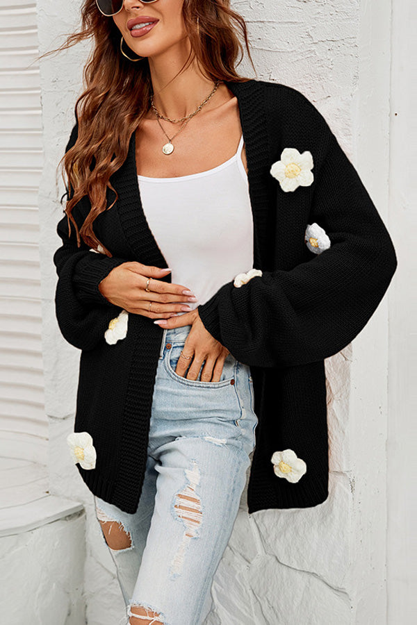 3D Stich Flower Open Front Knit Cardigan