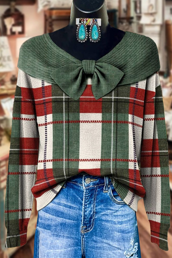 Classic Checkered Bow Detailed Long Sleeve Sweater
