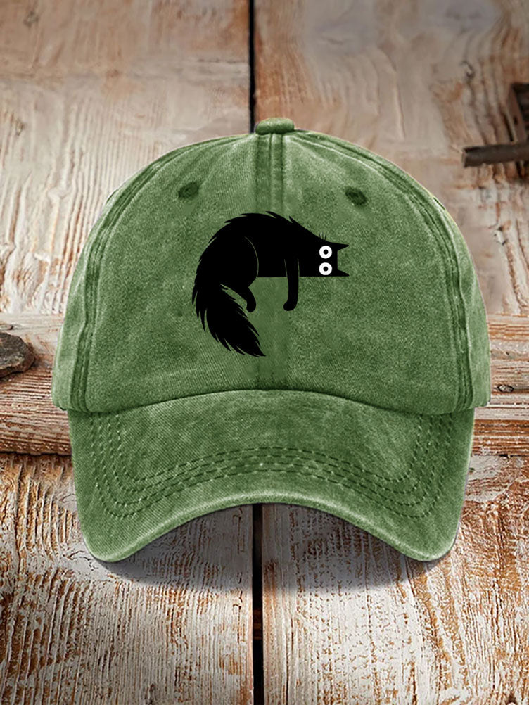 Japanese Art Black Cat Print Washed Hat