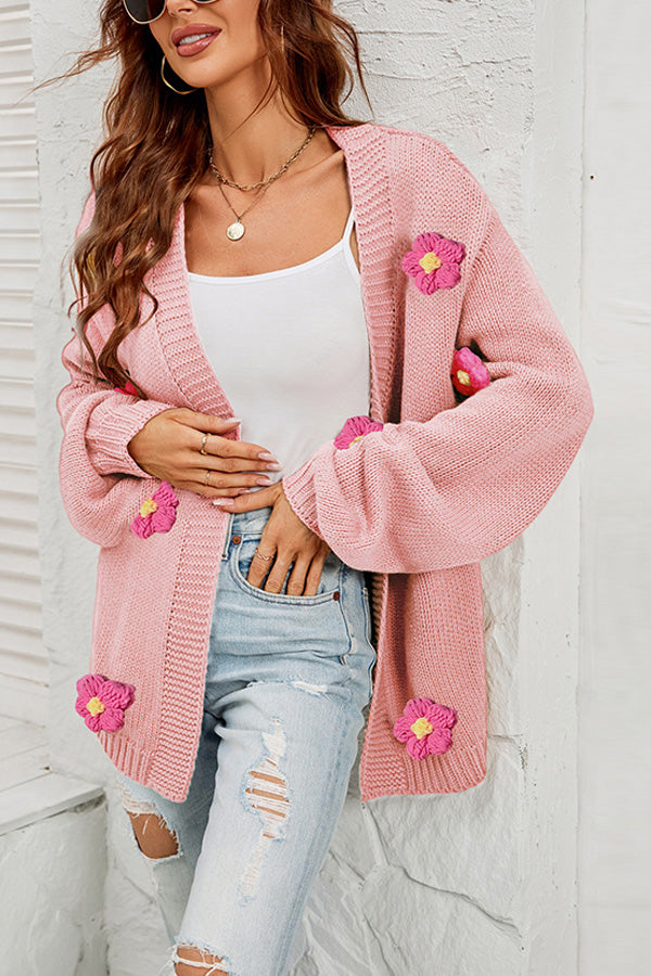 3D Stich Flower Open Front Knit Cardigan
