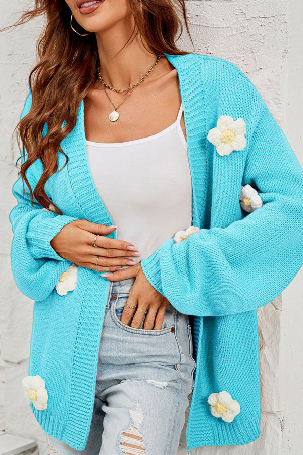 3D Stich Flower Open Front Knit Cardigan