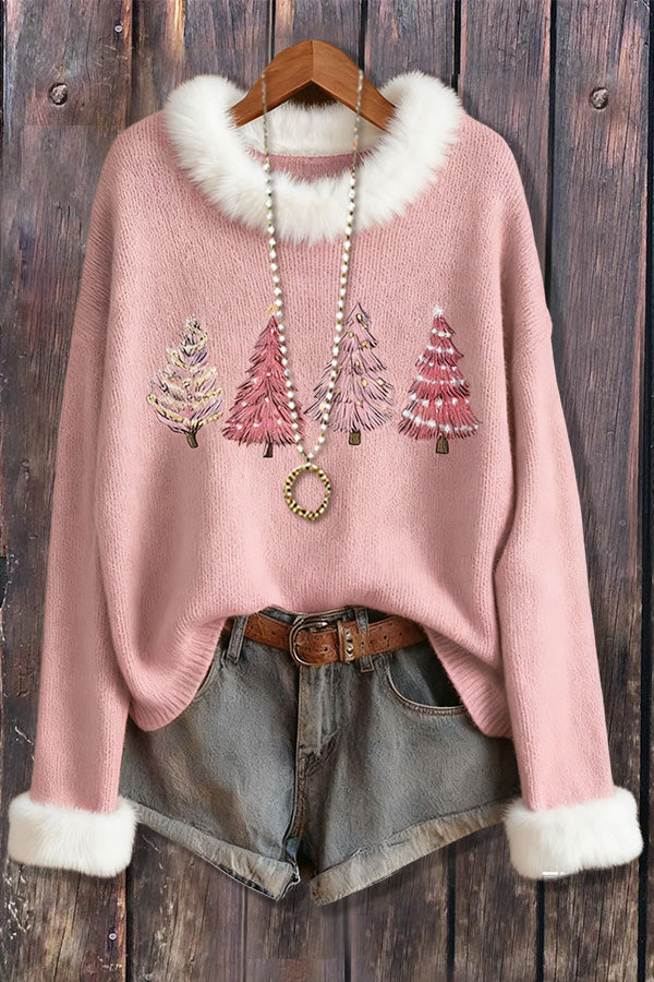 Sweet Christmas Tree Embroidered Long Sleeve Sweater