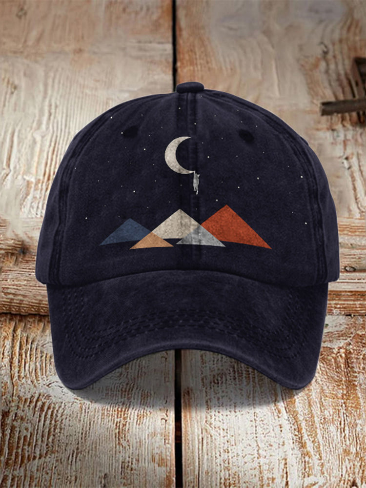 Abstract Creative Cute Cat On The Moon Painting Art Retro Casual Cap