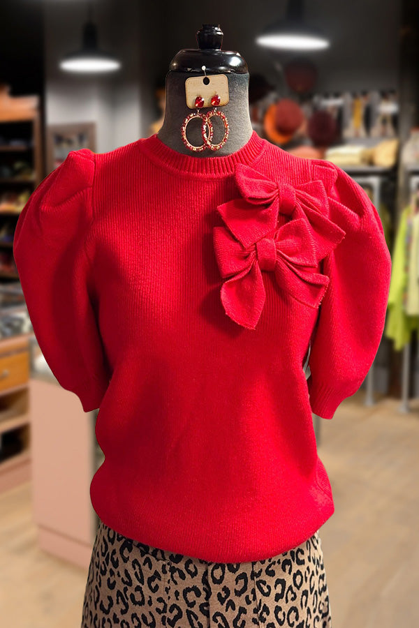 Red Bow Detail Knitted Top