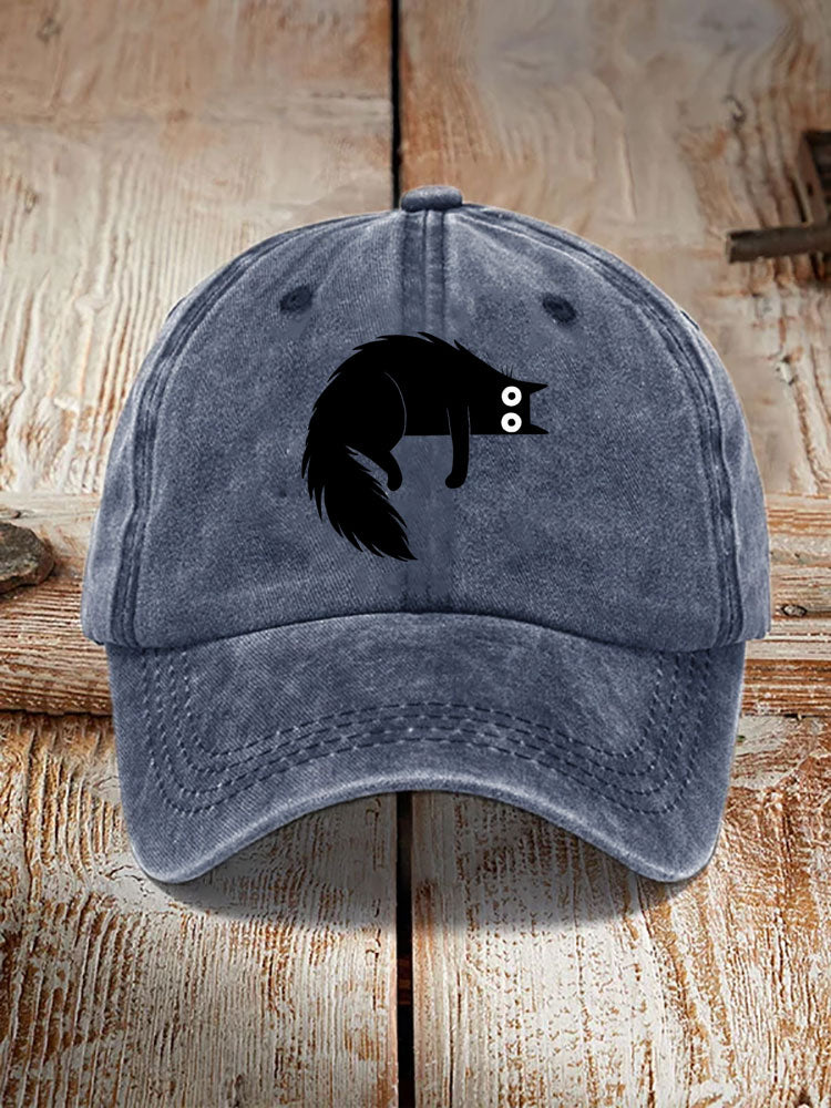 Japanese Art Black Cat Print Washed Hat