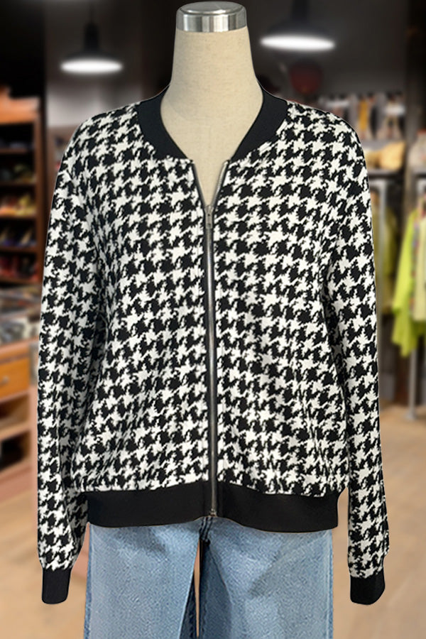 Casual Houndstooth Zipper Long Sleeve Jacket